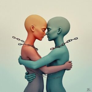 An abstract representation of codependency, featuring two intertwined figures in a relationship, symbolizing connection and emotional entanglement.